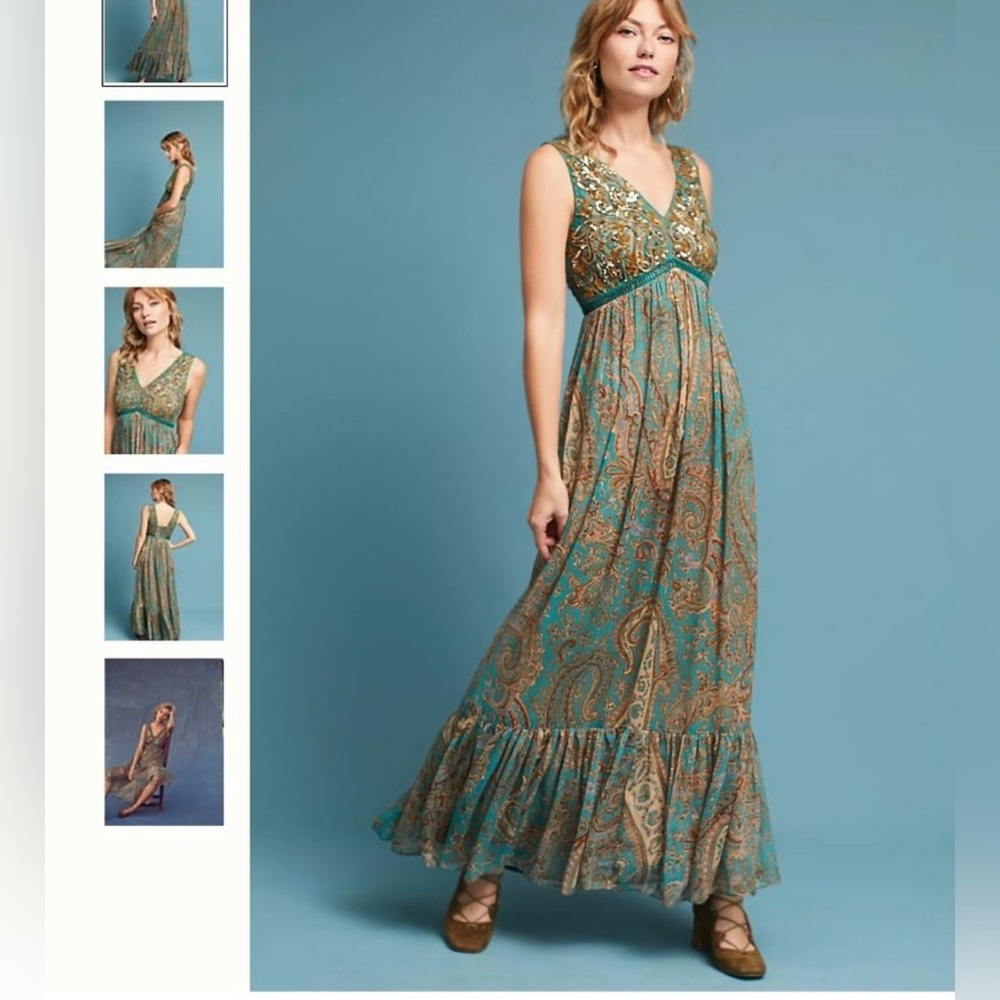 Anthropologie - Ranna Gill - Green Golden Sequin Intricate Boho Maxi - Size 4